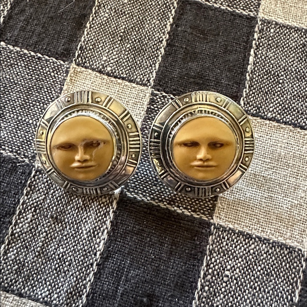 VintageTabra Sterling Silver Aztec Moon  Face Design Stud Earrings